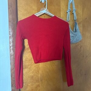 Pull&Bear Red Fitted Long Sleeve Crop Top